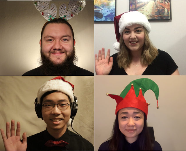 Four images in a two-by-two grid each with a smiling singer, wearing a holiday themed hat